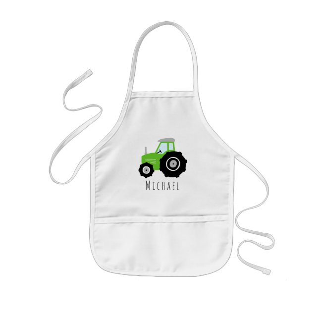 Boys Cute Green Farm Tractor with Name  Kids' Apron (Front)