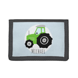 Boys Cute Green Farm Tractor with Name Kids Tri-fold Wallet