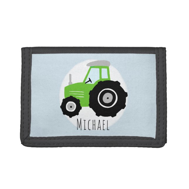 Boys Cute Green Farm Tractor with Name Kids Trifold Wallet (Front)