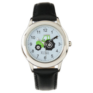 Boys Cute Green Farm Tractor with Name Kids Watch