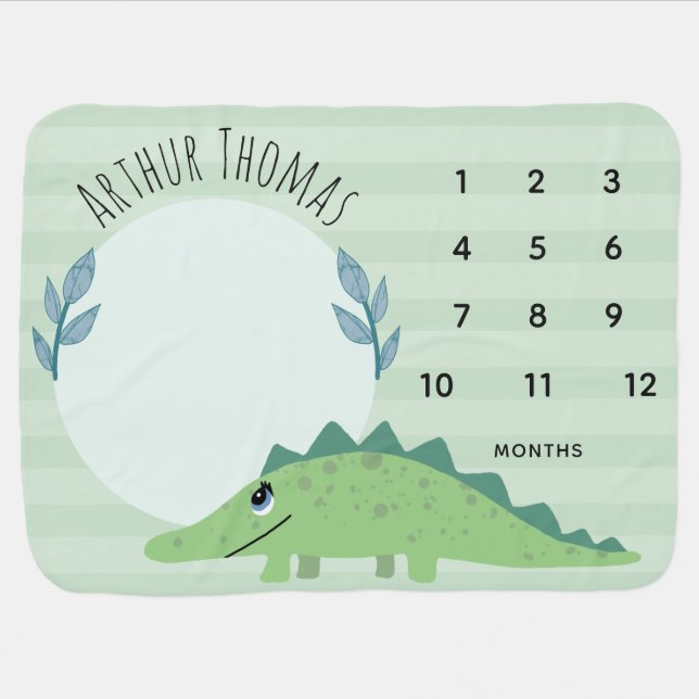 Boys Cute Green Jungle Crocodile & Name Milestone Baby Blanket (Horizontal)