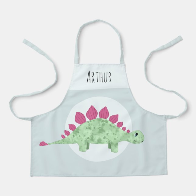 Boys Cute Green Stegosaurus Dinosaur Kids Apron (Front)
