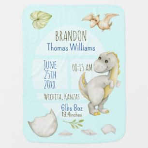 Boys Cute Green T-Rex Keepsake Birth Stats Baby Blanket