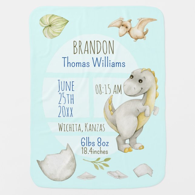 Boys Cute Green T-Rex Keepsake Birth Stats Baby Blanket (Front)