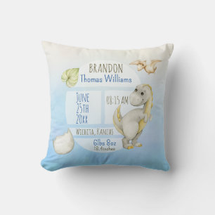 Boys Cute Green T-Rex Keepsake Birth Stats Throw Pillow