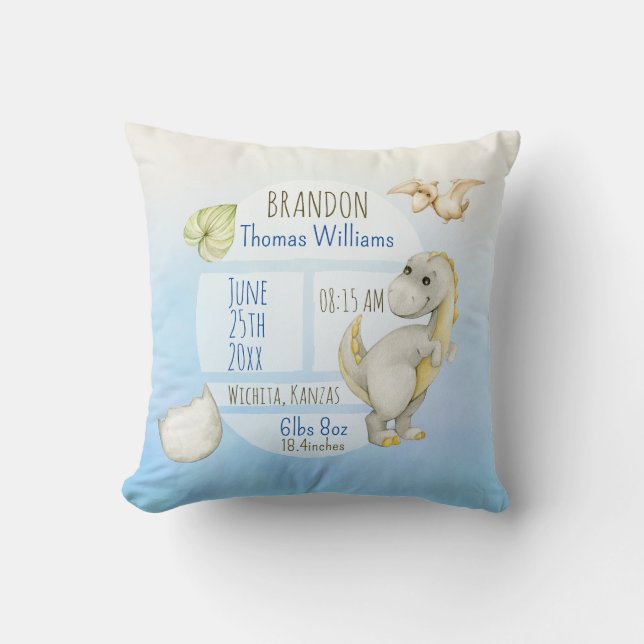 Boys Cute Green T-Rex Keepsake Birth Stats Throw Pillow (Front)