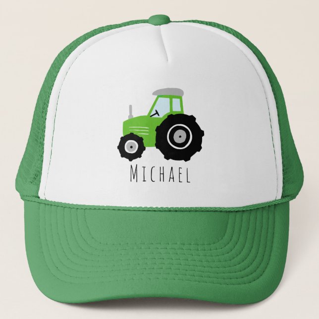 Boys Cute Green Tractor Farm and Name Kids Trucker Hat (Front)