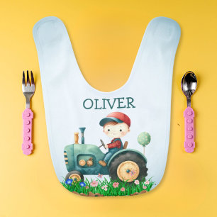 Boys' Cute Green Tractor Personalized Baby Bib