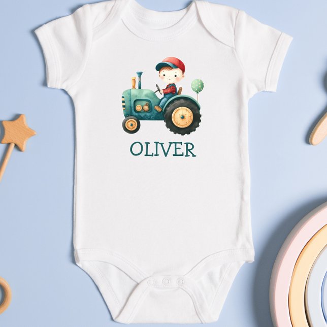 Boys' Cute Green Tractor Personalized Baby Bodysuit (Creator Uploaded)