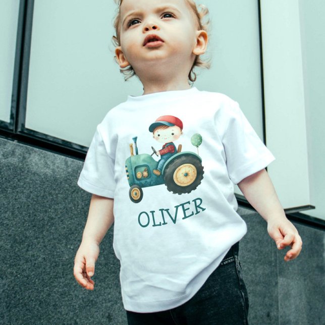 Boys' Cute Green Tractor Personalized Baby T-Shirt (Creator Uploaded)