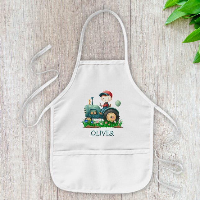 Boys' Cute Green Tractor Personalized Kids' Apron (Creator Uploaded)