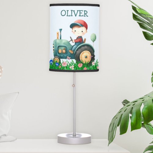 Boys Cute Green Tractor Personalized Table Lamp