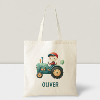 Boys' Cute Green Tractor Personalized Tote Bag