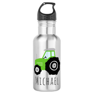 Boys Cute Green Transport Tractor Kids School Stainless Steel Water Bottle