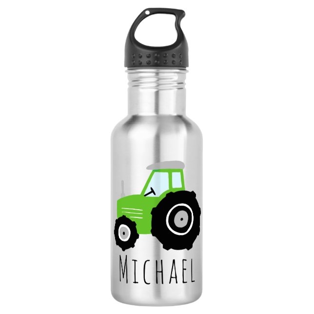 Boys Cute Green Transport Tractor Kids School Stainless Steel Water Bottle (Front)