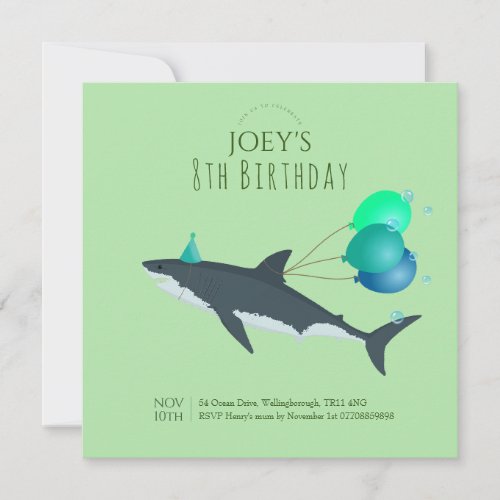 Boys cute green under the sea great white shark invitation