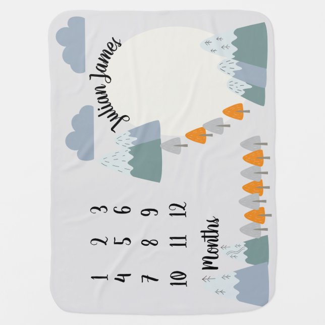 Boys Cute Grey Scandinavian Mountain Milestone Baby Blanket (Front)