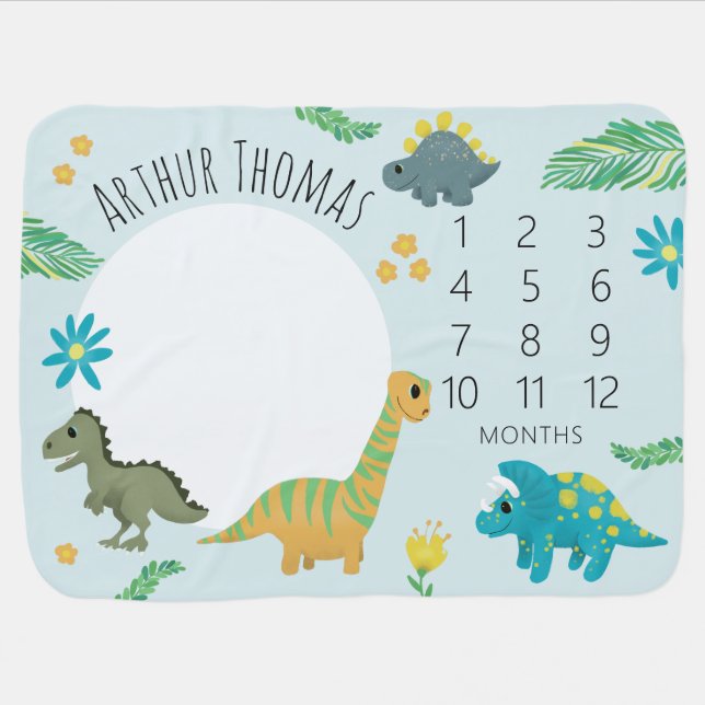 Boys Cute Jungle Blue T-Rex Dinosaur Milestone Baby Blanket (Horizontal)