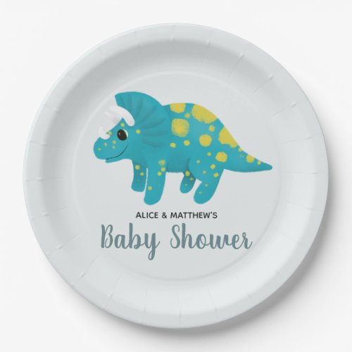 Boys Cute Jungle Dinosaur Blue Baby Shower Paper Plates