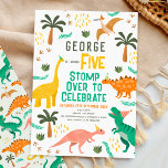 Boys Cute Jungle Dinosaur Kids 5th Birthday Invitation<br><div class="desc">Get ready to roar with excitement! This cute and modern boys’ 5th birthday invitation features five adorable dinosaur illustrations, including a friendly T-Rex, perfect for any little dino lover, and the text ‘stomp over to celebrate’. The back showcases a fun Jurassic-themed pattern with prehistoric plants, trees, and dinosaur footprints to...</div>