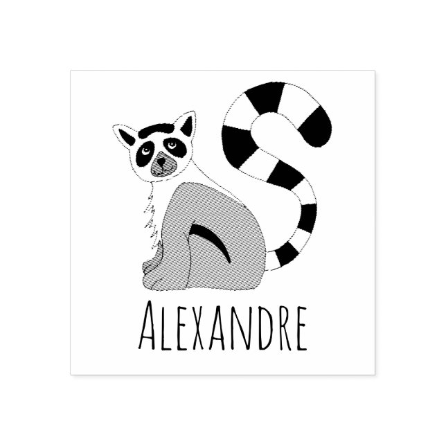 Boys Cute Jungle Lemur & Name School Bookplate Rubber Stamp (Imprint)
