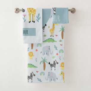 Boys Cute Jungle Safari Animals Zebra & Name Kids Bath Towel Set