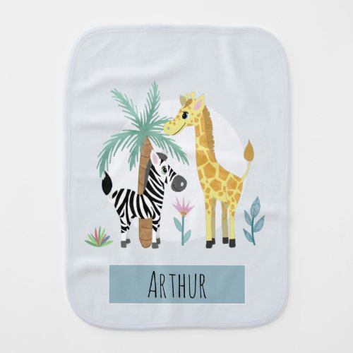 Boys Cute Jungle Safari Giraffe and Zebra Name Baby Burp Cloth