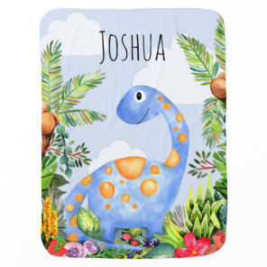 Boys Cute Jungle Watercolor Dinosaur and Name Baby Blanket