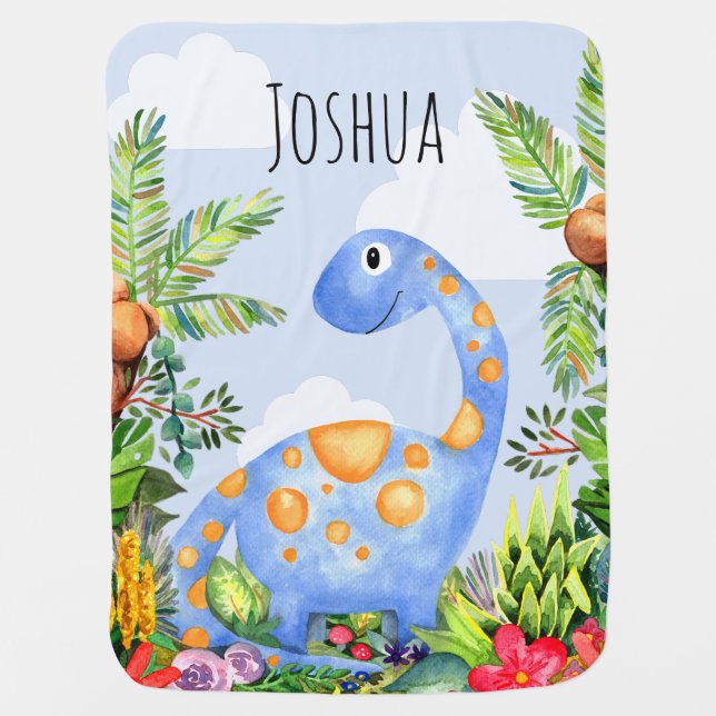 Boys Cute Jungle Watercolor Dinosaur and Name Baby Blanket (Front)