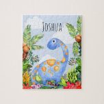 Boys Cute Jungle Watercolor Dinosaur and Name Kids Jigsaw Puzzle<br><div class="desc">This cute and unique kids puzzle design features a hand-painted blue watercolor dinosaur in a jungle,  and can be personalized with your boy's name. Perfect for any dinosaur-loving little one. Check out our store for other modern and unique designs!</div>