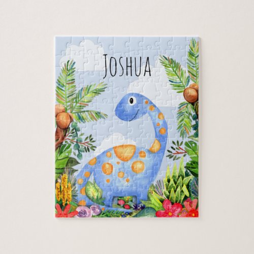Boys Cute Jungle Watercolor Dinosaur and Name Kids Jigsaw Puzzle