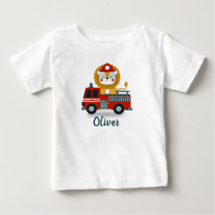 Boys' Cute Lion on a Fire Truck Personalized Baby T-Shirt