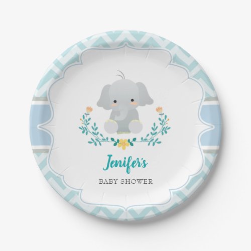 Boys Cute Little Elephant Baby Shower Paper Plates