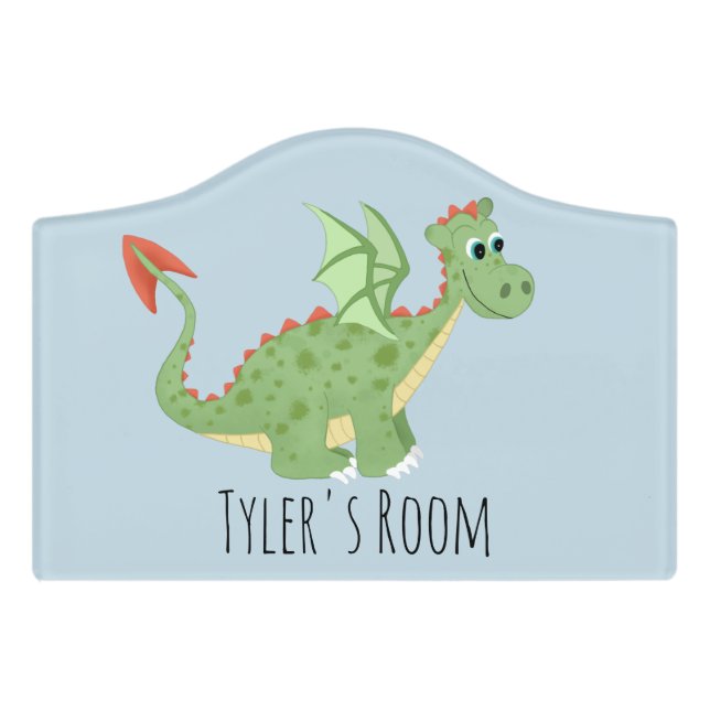 Boys Cute Magical Green Dragon Cartoon Kids Door Sign (Small Crest Front)