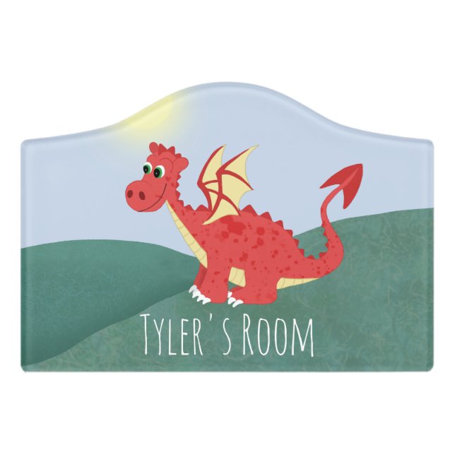 Boys Cute Magical Red Welsh Dragon Cartoon Kids Door Sign (Small Crest Front)