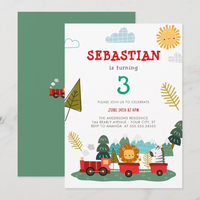 Boys Cute Modern Animals Train Travel Birthday Invitation (Front/Back)