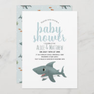 Boys Cute Modern Blue Ocean Shark Baby Shower Invitation