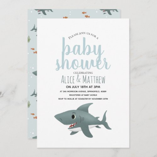 Boys Cute Modern Blue Ocean Shark Baby Shower Invitation