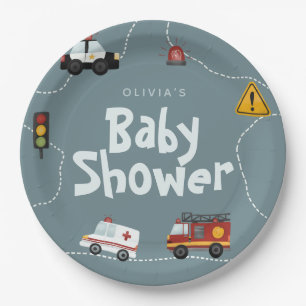 Boys Cute Modern Blue Police Baby Shower Paper Plates
