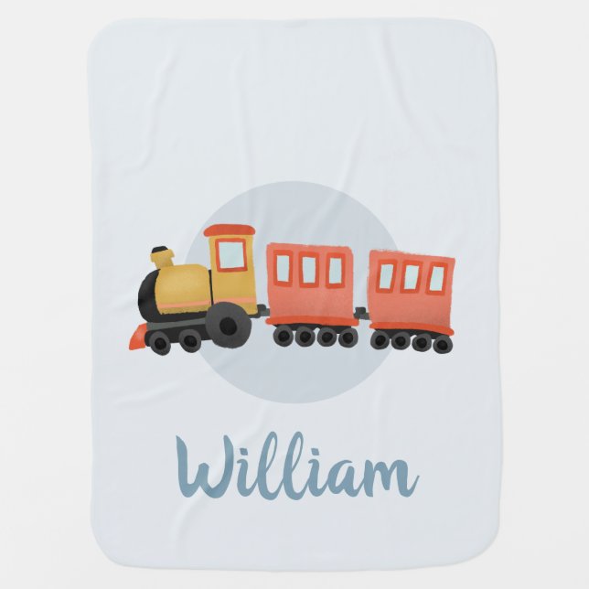 Boys Cute Modern Blue Train Travel Baby Blanket (Front)