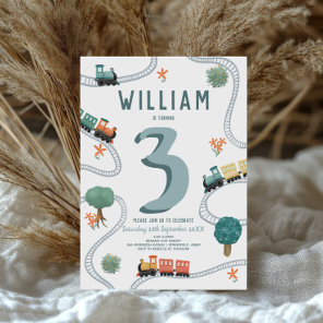 Boys Cute Modern Blue Train Travel Kids Birthday Invitation