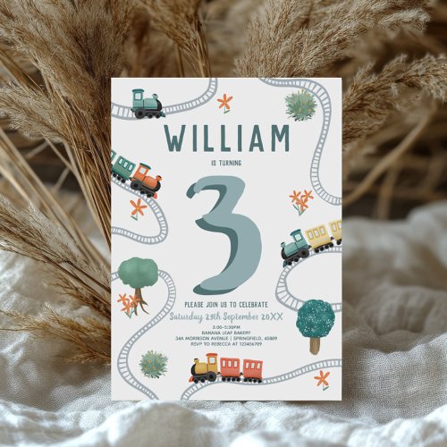 Boys Cute Modern Blue Train Travel Kids Birthday