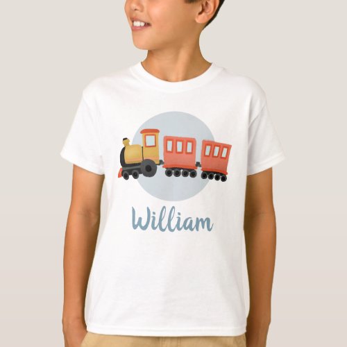 Boys Cute Modern Blue Train Travel Kids T_Shirt