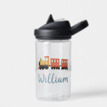 Boys Cute Modern Blue Train Travel Kids Water Bottle<br><div class="desc">This cute kids water bottle features a blue and orange train travel illustration,  and space to add your boys name. Perfect for little train lovers! A great modern gift for your next kids birthday gift,  great for school or preschool.</div>