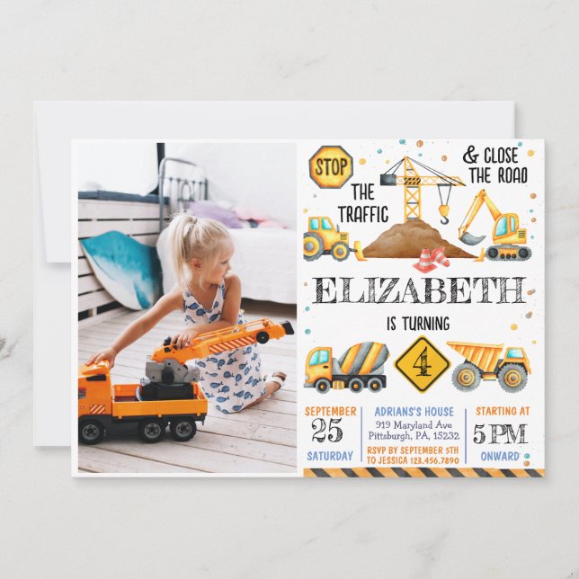Boys Cute Modern Construction Kids Birthday  Invitation (Front)
