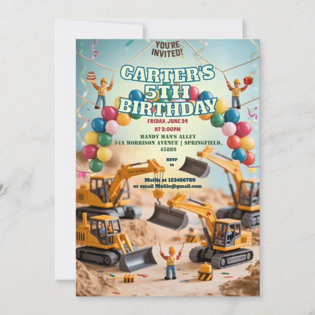 Boys Cute Modern Construction Truck Building Set  Invitation (Front)