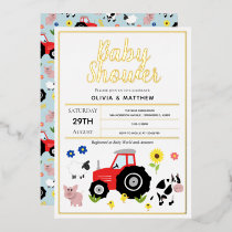 Boys Cute Modern Country Farm Tractor Baby Shower Foil Invitation