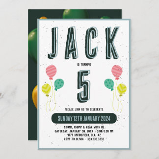 Boys Cute Modern Dark Green Theme Kids 5th Birthda Invitation
