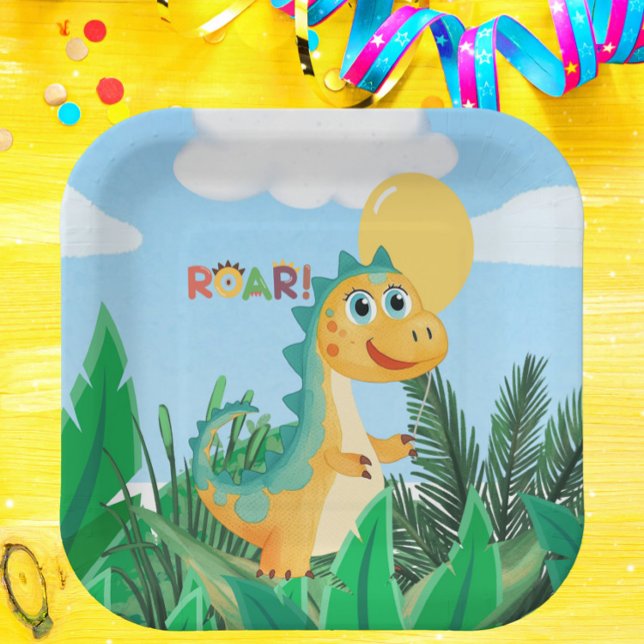 Boys Cute Modern Dinosaur Kids Birthday Invitation Paper Plates (Boys Cute Dinosaur Blue Kids Birthday Paper Plates)