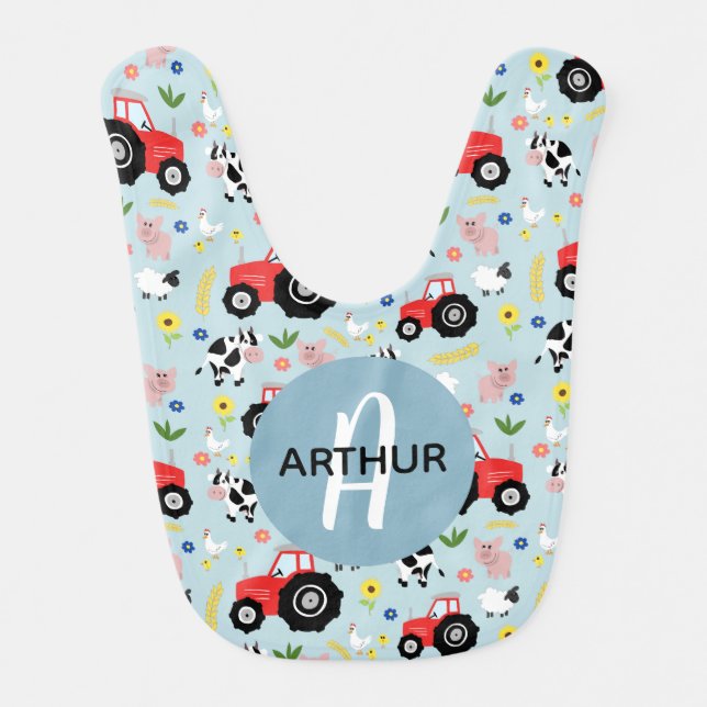Boys Cute Modern Farm Animal Pattern and Name Baby Bib (Front)